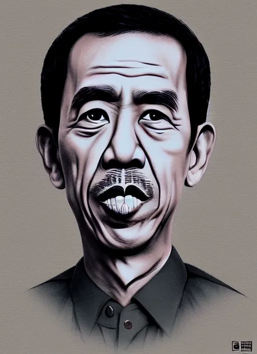 Image similar to a portrait of jokowi, fine - face, by basuki abdullah and raden saleh, banksy and kentaro miura style, trending on art station