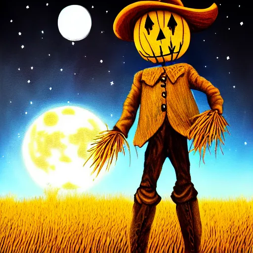 Prompt: a scarecrow dances in a cornfield on a full moon, dark atmosphere, vivid color, highly crazy detailed, digital painting, artstation, concept art, matte, sharp focus