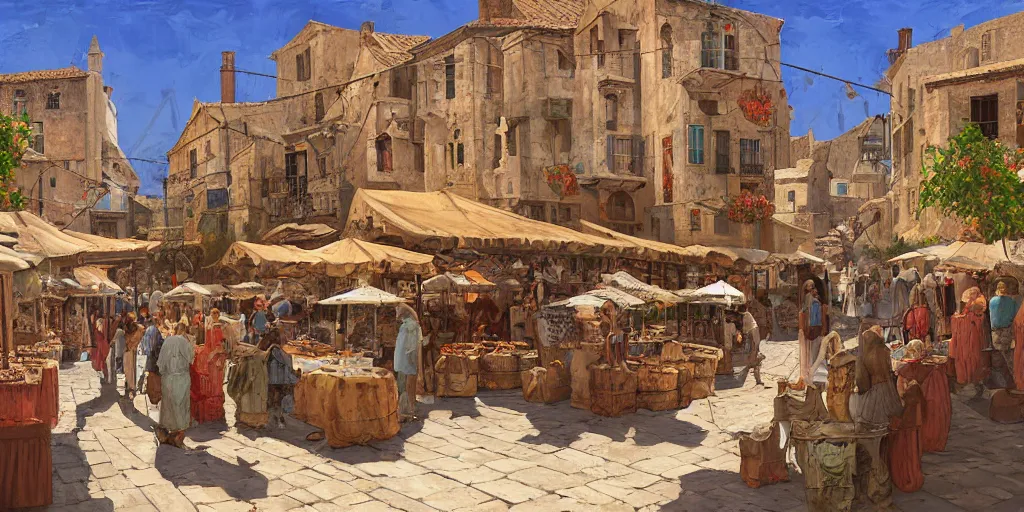 Image similar to a busy medieval Mediterranean street market in the style of Sylvain Sarrailh, Greek islands, old terracotta roofs, narrow streets, stone steps, character design, whitewashed buildings, old port, hanging fabric, bartering merchants, beautiful digital art, cinematic composition, detailed, concept art, Matt painting, oil painting, high res