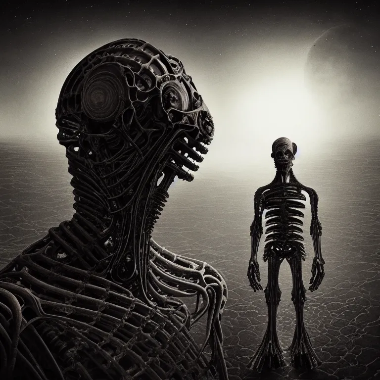 Image similar to portrait of ribbed abandoned biomechanical man with a spaceship on exoplanet in a desolate empty wasteland, creepy, nightmare, dream-like heavy atmosphere, surreal abandoned buildings, baroque painting, beautiful detailed intricate insanely detailed octane render trending on Artstation, 8K artistic photography, photorealistic, chiaroscuro, cinematic volumetric light, Raphael, Caravaggio, Beksinski, Giger