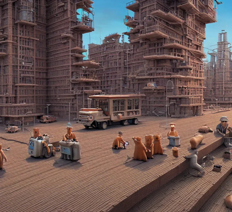 Image similar to hyperrealism photography hyperrealism concept art of highly detailed beavers builders that building highly detailed futuristic city with bricks by wes anderson and hasui kawase and scott listfield sci - fi style hyperrealism rendered in blender and octane render