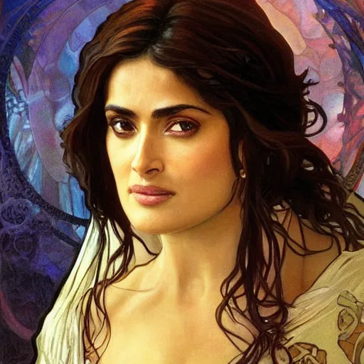 Image similar to salma hayek portrait by alfons mucha, playful, fantasy, medieval, beautiful face, perfect detailed eyes, vivid colrs, elegant, concept art, sharp focus, digital art, hyper - realistic, 4 k, unreal engine, highly detailed, hd, dramatic lighting by brom, trending on artstation, holy halo