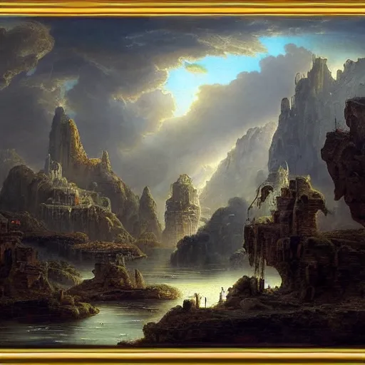 Prompt: digital fantasy of ruined skyscraper with crystal openwork lace bridge at mountain painting by hubert robert high resolution devianart detailed 8 8 grzes, dreamy, clouds, river