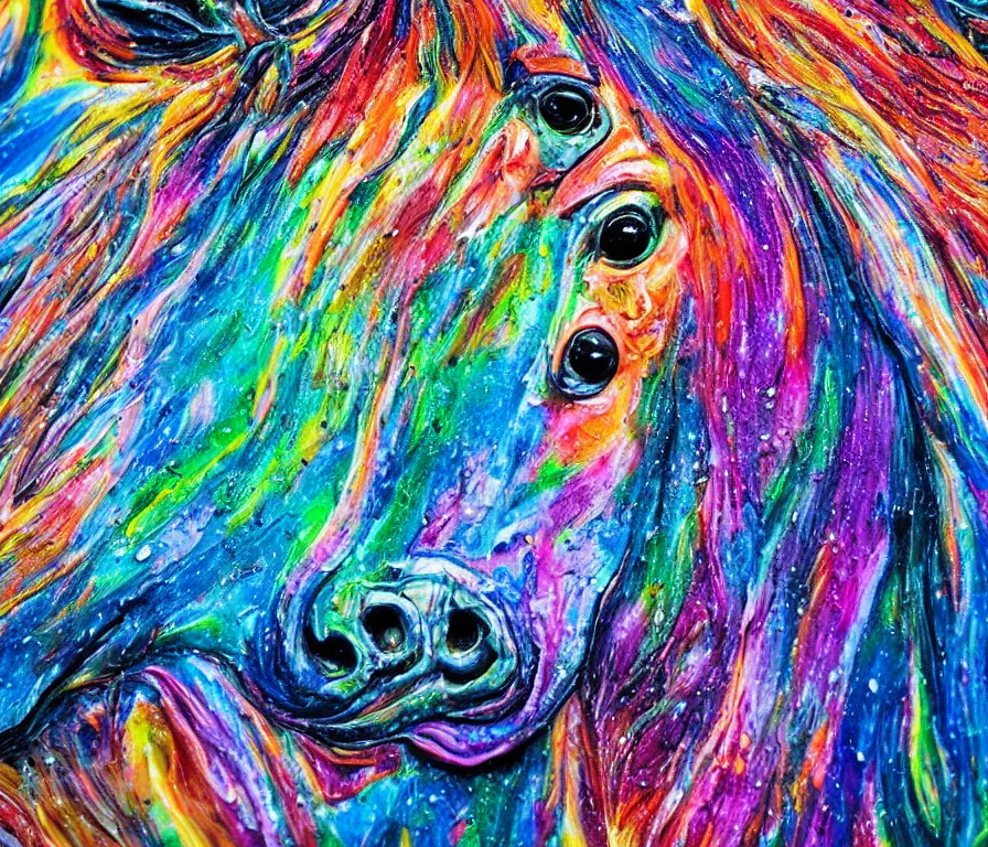 Image similar to still shot close up footage of the portrait of a horse head made of acrylic pour and coloured powder explosion and splashing paint and dripping paint and flying paint chunks, motion blur, hyperrealistic, medical, intricate art photography, anatomically correct, realistic crisp textures, 1 6 k