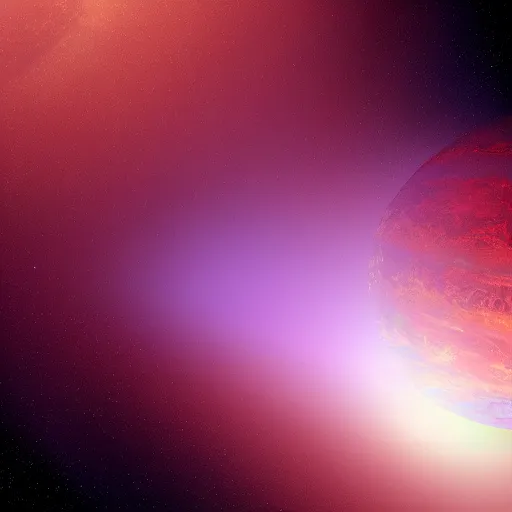 Image similar to a hospitable alien planet with red land and purple water viewed from space, 8 k, bright ambient lightning