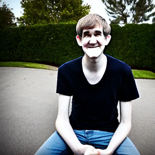 Image similar to bo burnham outside of his house, smiling and dancing