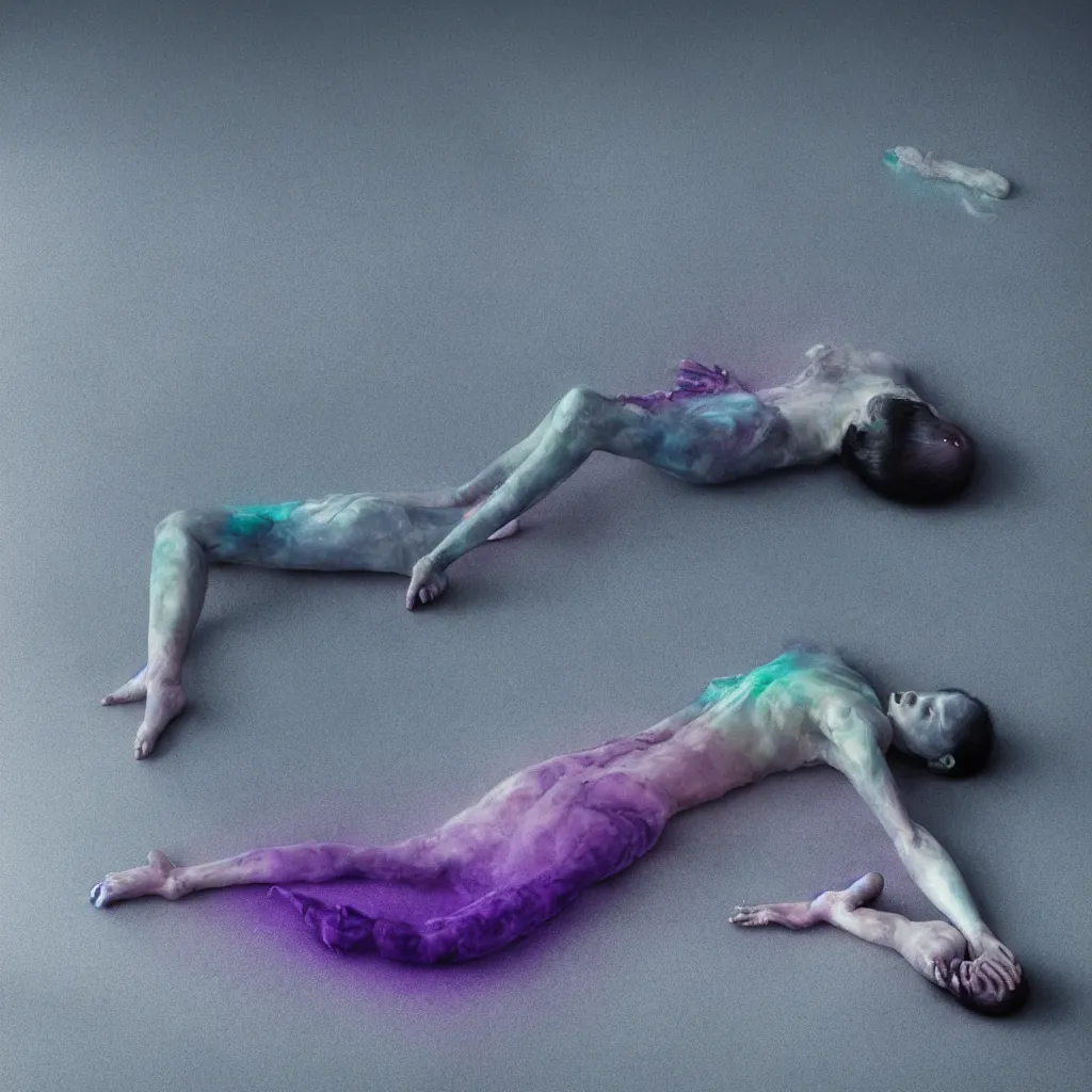 Prompt: iridiscent oil spill with women corpses connected by cables and computers to wax forms to a buried baby relaxing on yoga mat, faded, iridiscent gradient, dust, purple fog, depth of field, by nadav kander and hans bellmer, 8 k, ultrarealistic, sad atmosphere, cinematic, 8 5 mm lens