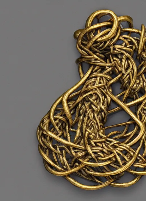 Image similar to bronze age Irish, detailed knot-work gold cloak pin of a dinosaur, studio lighting, museum