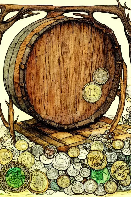 Image similar to a frothy wooden wine barrel in the center of a frame made of antlers and coins, art by walter crane and arthur rackham, illustration style, watercolor