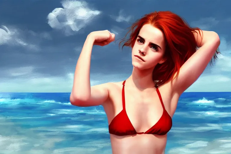 Image similar to Red-haired beauty Emma Watson in a bikini, highly detailed, mid-shot ,pixiv , digital painting , concept art