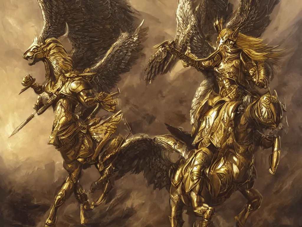 Image similar to valkyrie with golden armor on white pegasus, epic scene, painting in the style of brom, highly detailed