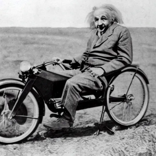 Prompt: Albert Einstein driving a Speeder Bike