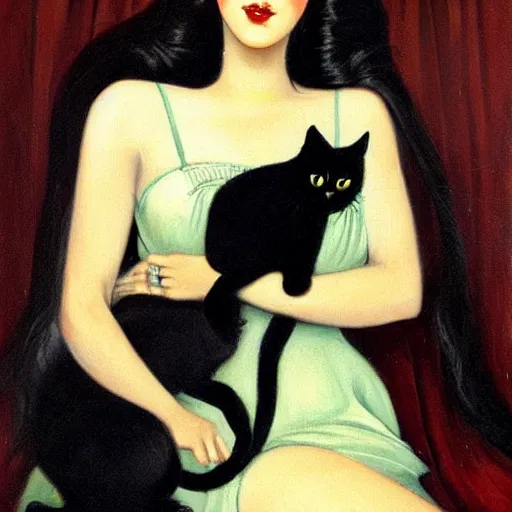 Image similar to a painting of a woman holding a black cat, an art deco painting by georges emile lebacq, featured on deviantart, gothic art, pre - raphaelite, gothic, goth, wiccan, tarot card