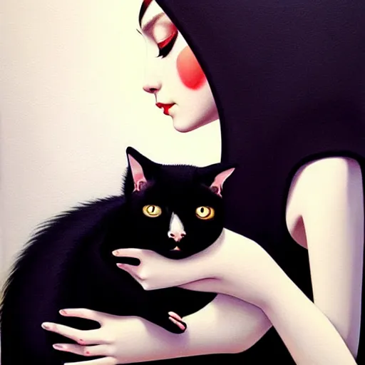 Prompt: a painting of a woman holding a cat, a photorealistic painting by tran nguyen and ilya kuvshinov, featured on deviantart, gothic art, goth, gothic, detailed painting