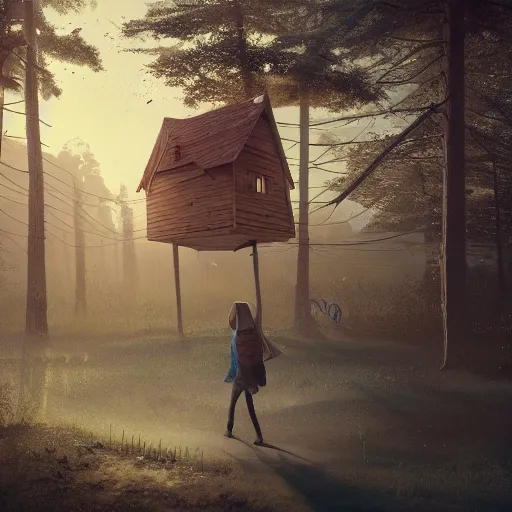 Image similar to woman leaving her wooden broken house by simon stålenhag, very highly detailed, award winning, rendered by Beeple, by Makoto Shinkai, syd meade, starwars, space art concept, digital art, unreal engine, blender, WLOP, trending on artstation, 4K UHD image, octane render