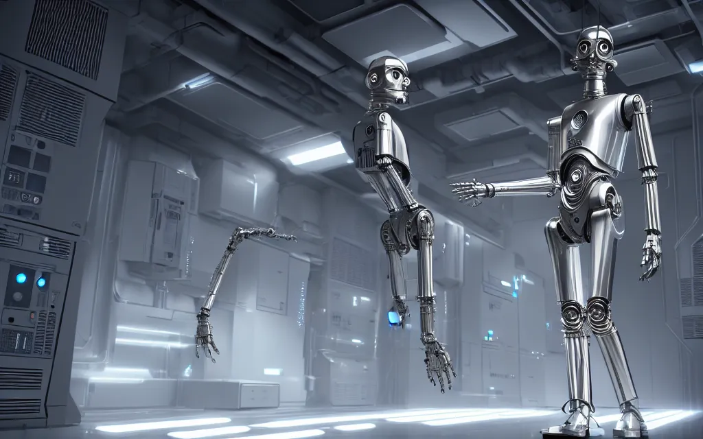 Prompt: silver c - 3 po robot from star wars in a data center room, silver, grey, concept art, cyberpunk, game art, high detail, 4 k, by makoto shinkai