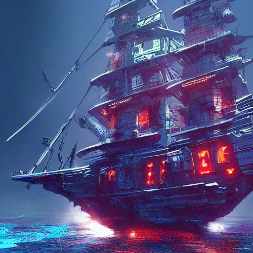 Image similar to an epic looking cyberpunk pirate ship, highly detailed digital art