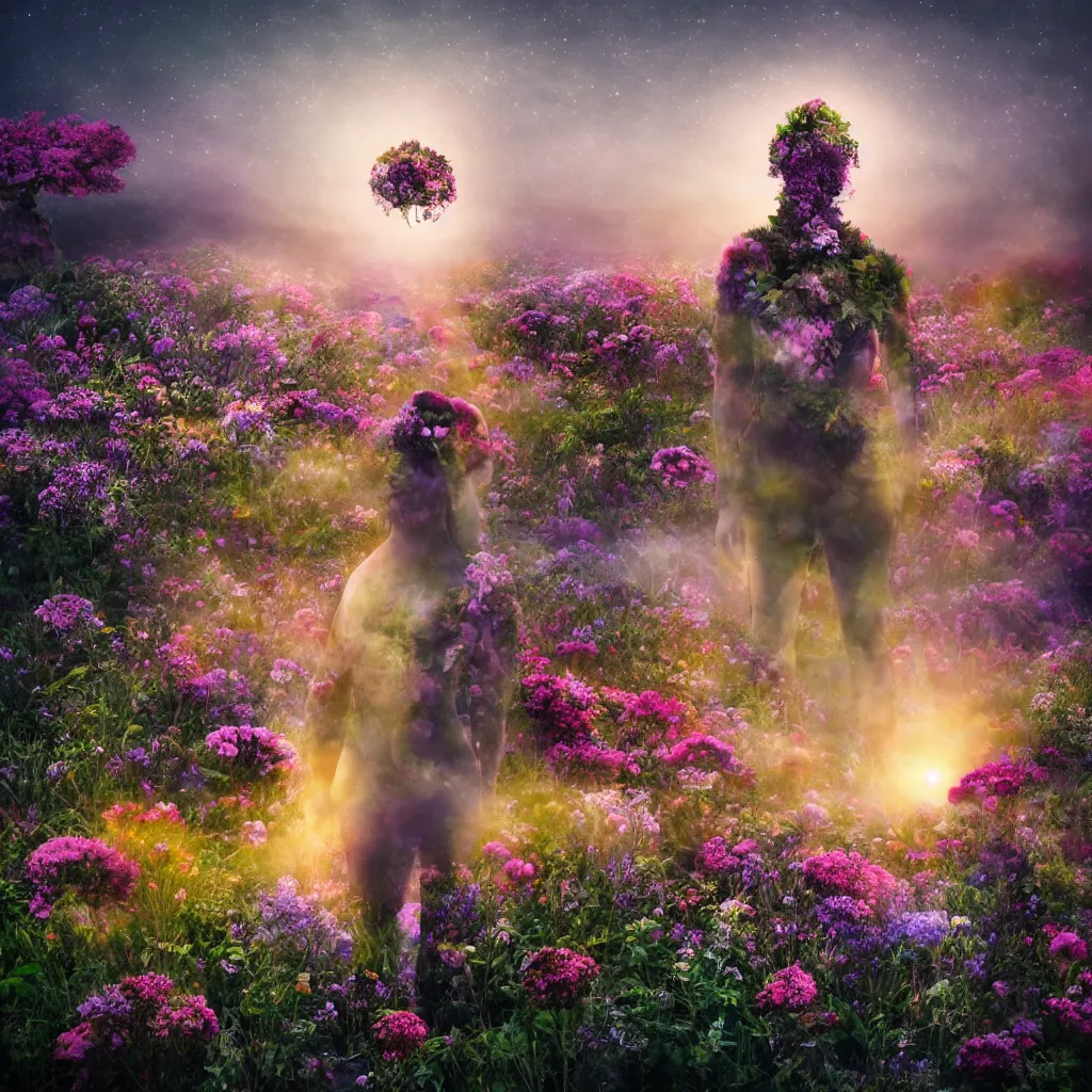 Image similar to a planet of various flowers, fungus and plants, in which the human figure is dressed in something magical and impressive, inside the picture is infinity, sunset light, Atmospheric phenomenon, artistic photography, muted colors, conceptual, long exposure outside the city