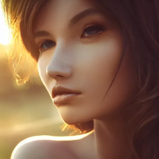 Prompt: portrait of a beautiful women, close up, matte paint, elegant flowers all around her, angelic, golden hour