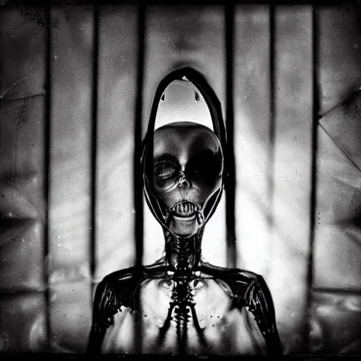 Image similar to alien inside a spaceship interior, hyper realistic, hight detail, sharp focus, wide angle, moody lighting, tintype, black and white photo by Joel Peter Witkin