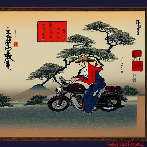 Prompt: painting of a man wearing a cowboy hat riding a royal enfield classic 3 5 0 halcyon in feudal japan, beautiful scenery with hills and trees, panoramic view, ukiyo - e traditional japanese painting style