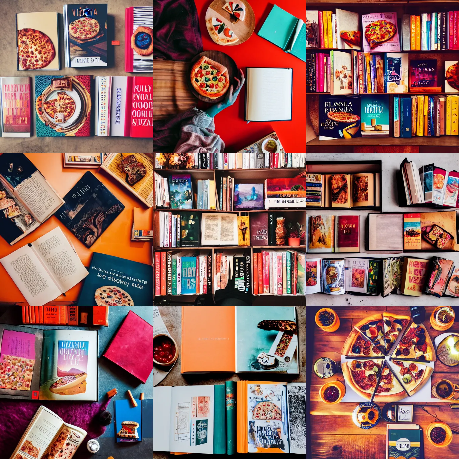 Prompt: flatlay book collection, vivid colors, dramatic lighting, pizza