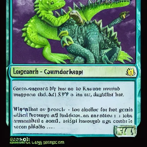 Image similar to a magic the gathering card of a crocodile eating lasagna
