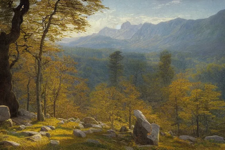 Prompt: runestone, monument, mountains, trees, beautiful nature, very detailed, focused, oil painting, colorful, canvas, artstation, national geographic, Sydney Mortimer Laurence, Albert Bierstadt, Theodor Kittelsen, Hans Dahl, Konstantin Yakovlevich Kryzhitsky