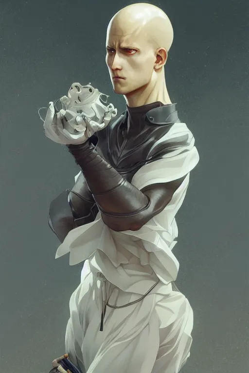 Image similar to A full portrait saitama, anime, intricate, elegant, highly detailed, digital painting, artstation, concept art, smooth, sharp focus, illustration, art by Krenz Cushart and Artem Demura and alphonse mucha