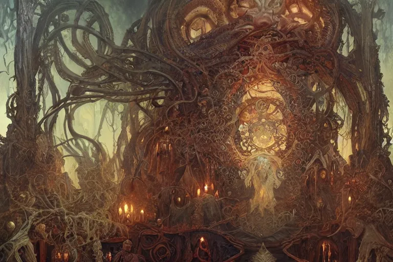 Image similar to a lovecraftian painting of a demonic shrine, occult, cult members, cosmic horror elements, ultra realistic, concept art, intricate details, eerie, highly detailed, photorealistic, octane render, 8 k, unreal engine. art by artgerm and greg rutkowski and alphonse mucha