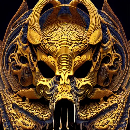 Prompt: 3 d god fractal close - up frontal portrait with ram golden mandelbulb skull. beautiful mandelbrot intricately detailed japanese fractal kitsune mask n - 9