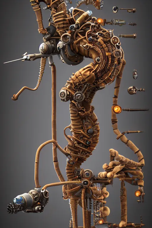 Prompt: 2d game art side view of mechanical steampunk tubeworm with teeth, full body view, game character design, articulated joints, detailed, blank background, 8k, octane render, unreal engine, trending on artstation