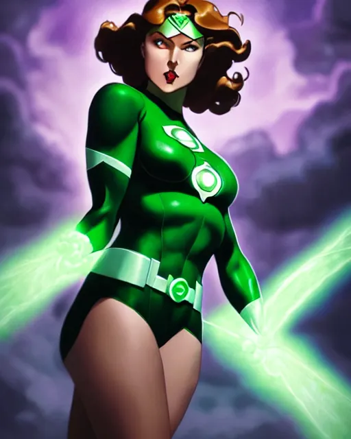 Prompt: pinup photo of female green lantern from justice league in the crowded square of the city, asuna by a - 1 pictures, by by greg rutkowski, artgerm, gil elvgren, enoch bolles, glossy skin, pearlescent, anime, very coherent, sao style anime, flat