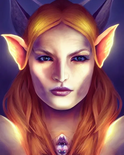 Image similar to beautiful female elf with glowing hair symmetrical face eyes, glistening tongue by Jana Schirmer,