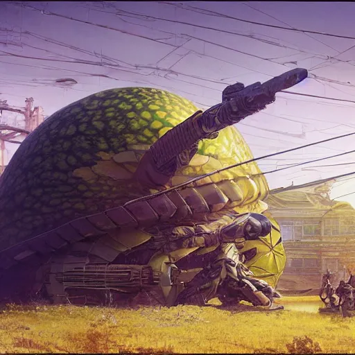 Prompt: Concept Digital Art Highly detailed Giant Watermelon war machine protecting Ukrainian village designed by Taras Shevchenko from intruders. By Stephen Hickman and Beeple. Very highly detailed 8K,Pentax 67, Kodak Portra 400 in style of Hiromasa Ogura Ghost in the Shell, the golden ratio, rational painting