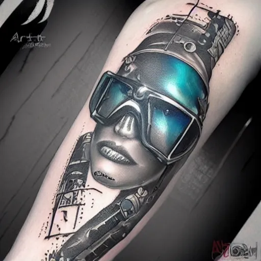 Image similar to cyberpunk underwater diver, black tattoo design, on white skin, by artgerm