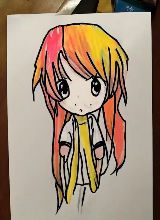 Image similar to poorly drawn anime girl, crayon art, very silly looking