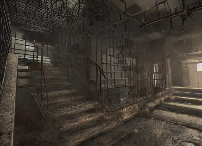 Image similar to wire, grate, iron, pipes, steam, fans, stairs, rust horror darkness, destroyed, highs detailed, unreal engine