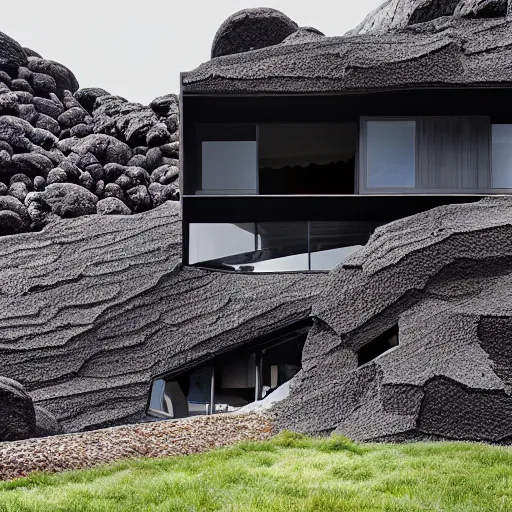 Image similar to tall black geometric house, embedded in lava cliff, full view, black house, molten metal house, minimal design, highly detailed