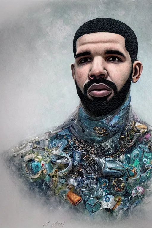 Image similar to portrait of drake by mahmoud farshchian, mia brownell, very detailed, maximalism, ambient occlusion, volumetric light, atmospheric haze, hyper realism, cyberpunk shading, cinematic composition, realistic render, photorealistic, wide shot