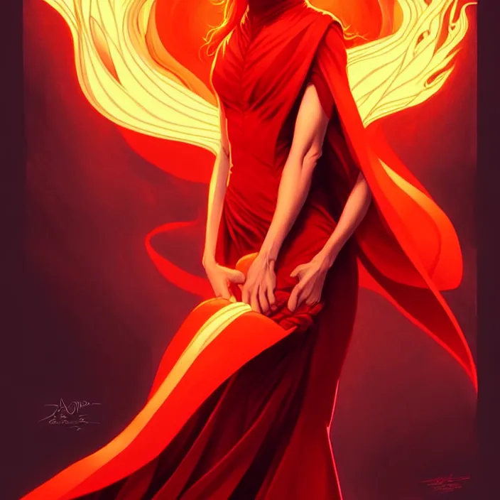 Image similar to style artgerm, joshua middleton, gerald brom, beautiful kristen bell with dark red dress, very long orange hair, symmetrical face, symmetrical eyes, fire powers fire swirling, detailed, volcano setting, cinematic lighting