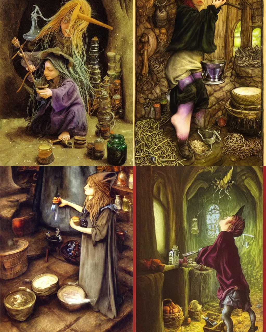 Prompt: a young witch making potions, bybrian froud