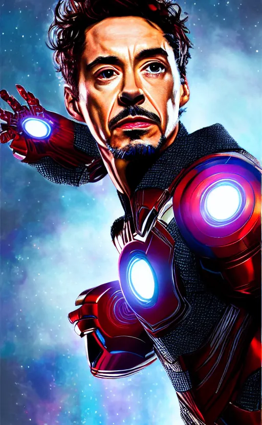 Prompt: portrait of robert sheehan as tony stark from the avengers infinity war, marvel concept art, hyperrealistic, detailed, accurate illustration, dramatic lighting, action pose