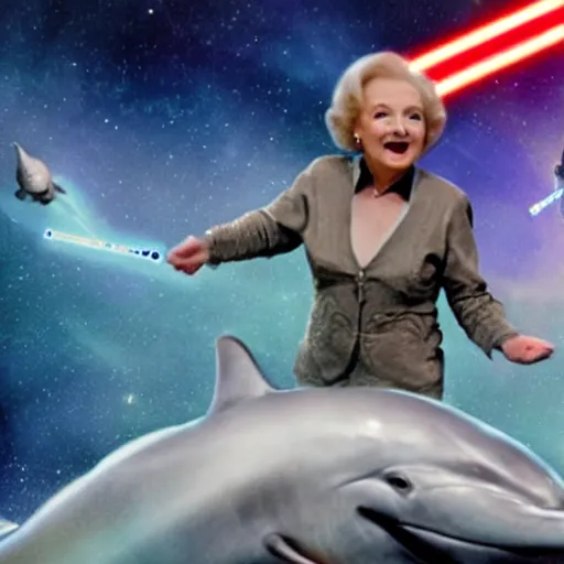 Image similar to betty white dual wielding lightsabers riding a dolphin through space, cinematic, award winning, high budget vfx