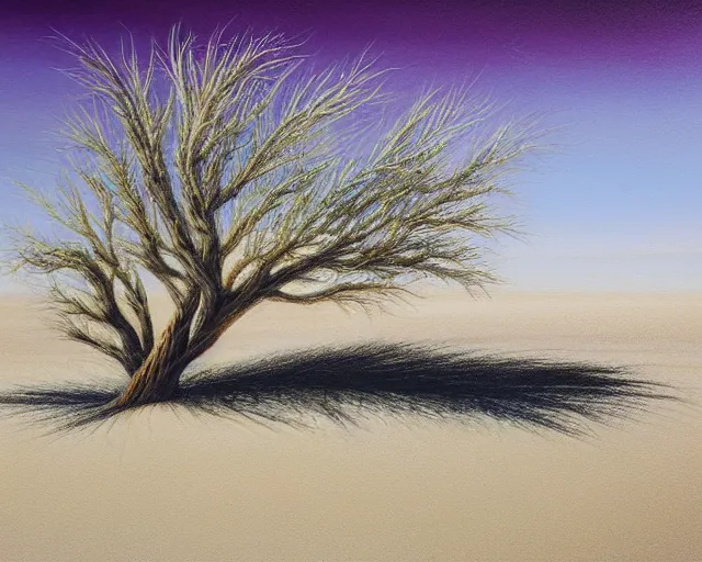 Image similar to a painting of a tree in the desert, an airbrush painting by breyten breytenbach, sea of sand, cgsociety, neo - primitivism, airbrush art, dystopian art, apocalypse landscape