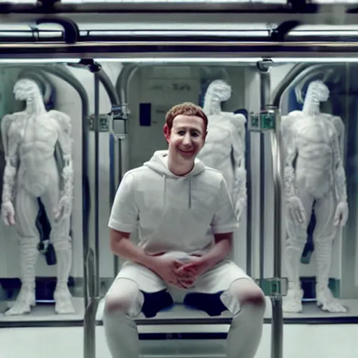 Prompt: mark zuckerberg sitting in front of his clones growing inside a vat of protein fluid. They are inside the cloning med bay of an alien ship. From the movie Alien IV directed by David Fincher.