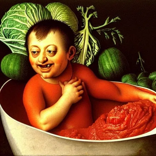 Image similar to a boy sitting in a tub full of tomato sauce, the boy is very happy, a lot of cabbage, by giuseppe arcimboldo and ambrosius benson, renaissance, fruit, intricate and intense oil paint, realistic