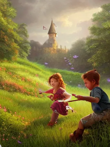 Image similar to children playing inside a meadow in the castle walls. intricate, elegant, highly detailed, digital painting, artstation, concept art, sharp focus, illustration, by justin gerard and artgerm, 8 k