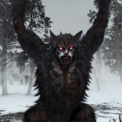 Image similar to man transforming into a werewolf with black realistic fur, ultra detail, unreal engine, 8 k