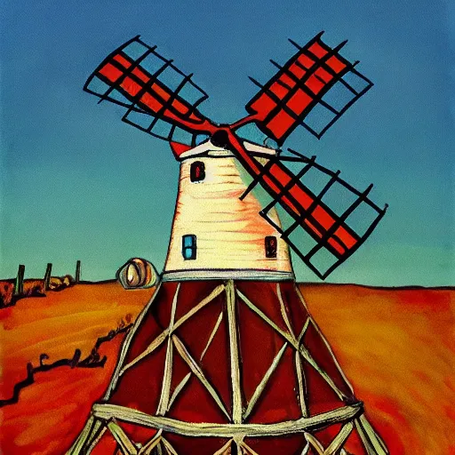 Prompt: painting of a windmill by dr seuss | horror themed | creepy